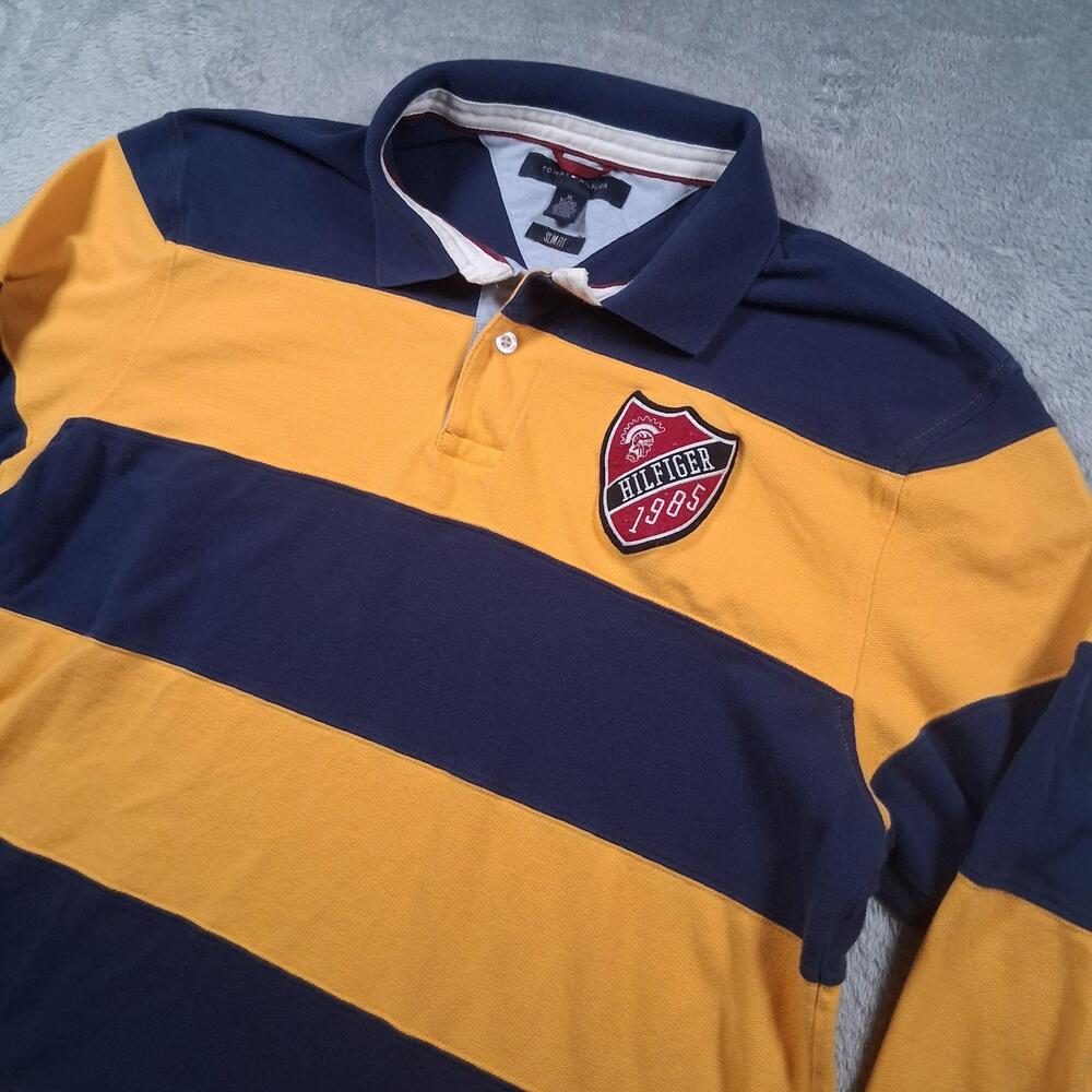 VINTAGE Tommy Hilfiger Rugby Shirt Mens XL Yellow Navy Stripe Long Sleeve Polo
